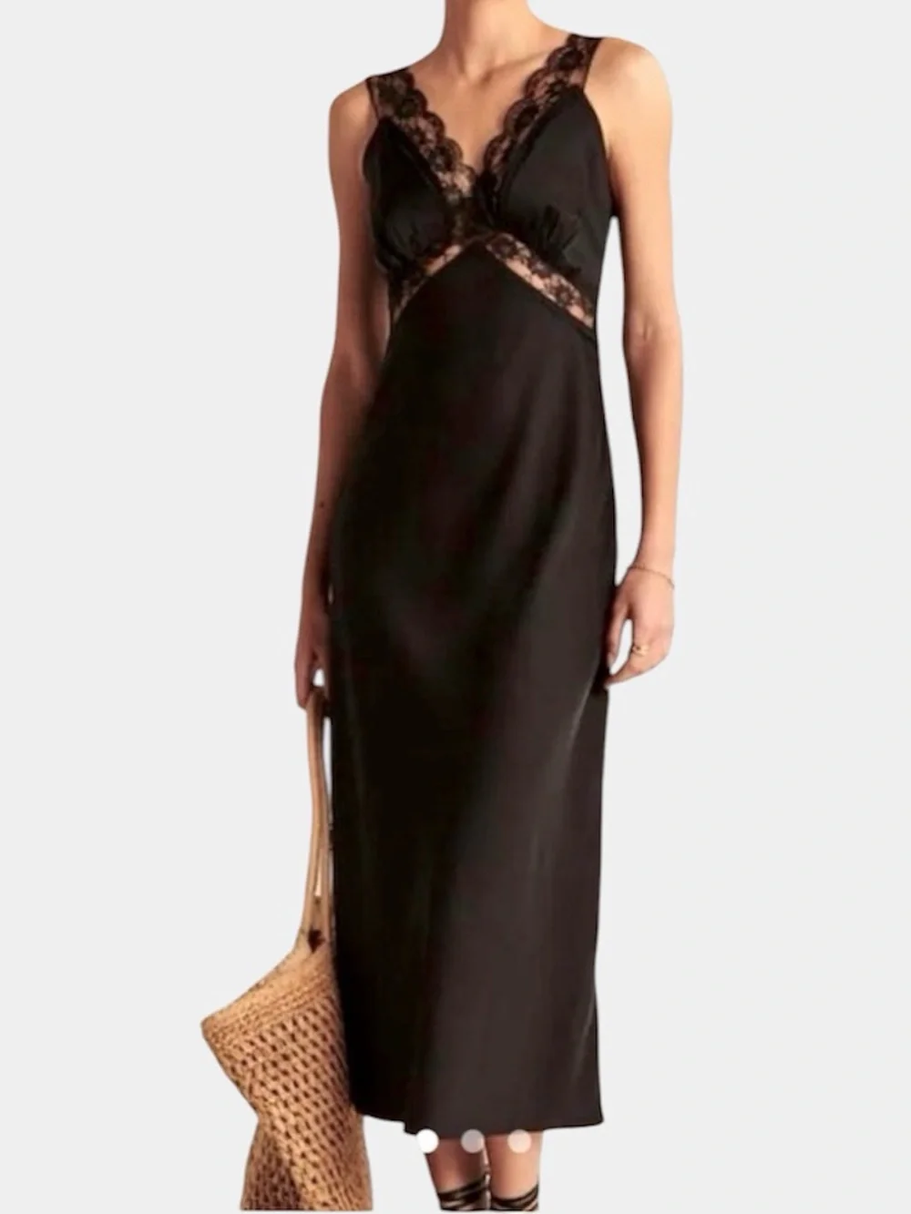 NWT Abercrombie & Fitch Black Lace Trim Slip Dress Size Large Petite